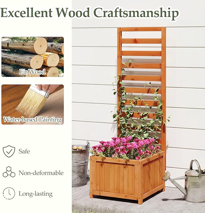 BECOMFORT 48”H Raised Garden Bed with Trellis Fir Wood Planter Box with Drainage Holes &amp Gaps for Climbing Plants Vegetables &amp Flowers Outdoor Privacy Planters for Patio Balcony Yard