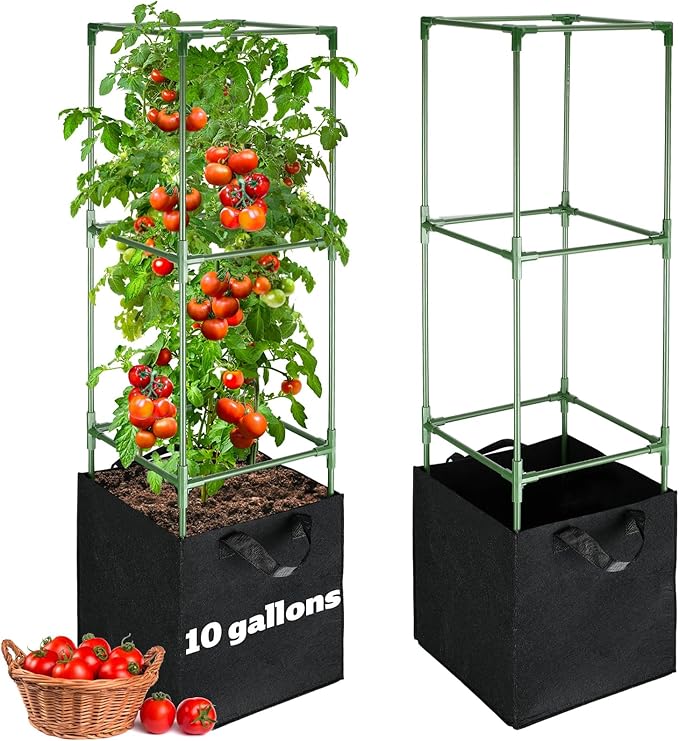 ANPHSIN 2 Sets Tomato Cages with 10 Gallon Grow Bags - 47'' Stable Plant Support Trellis Kit Square Cages with Planter Pots for Garden Flowers Vegetables Cucumber Vertical Climbing Plants Vines
