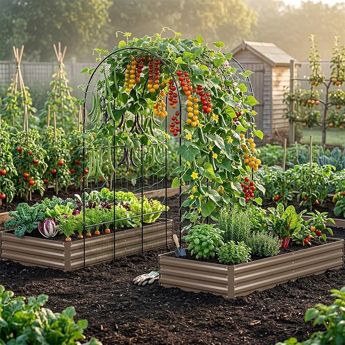 DTIG Galvanized Raised Garden Bed with Trellis 6×3×1 FT 2 Pack Outdoor Garden Bed Upgraded 4×3 Support Brown