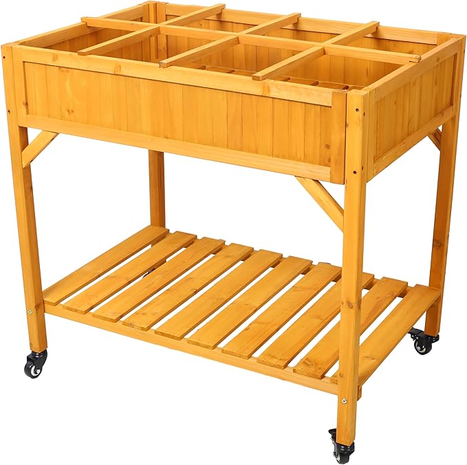 W/Lockable Wheels 8 Pocket Herb Garden Bed Wooden Frame Mobile Raised Customizable Storage Shelf Drainage Holesfor Planter Herbs Vegetables Flowers