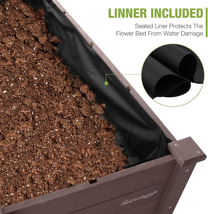 GUTINNEEN Raised Garden Bed for Herbs Patio Elevated Flower Planter Vegetable Boxes with Grow Grid - Large Storage Shelf Brown