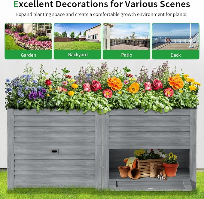 SUNYRISY 2Pack Wooden Raised Garden Bed with Storage Box 34 L x 18 W x 30 H Elevated Large Garden Planter Box for Planting Herb Vegetable Flower Outdoor Indoor Grey