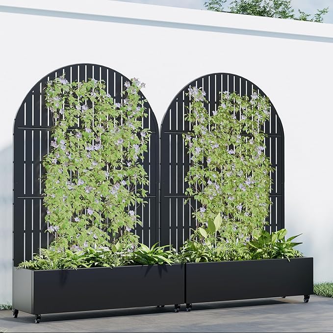 Casaphoria 72x47 Metal Raised Garden Bed with Trellis(2 Pack) Outdoor Planter Box with Wheels &amp Drainage Holes for Climbing Plants Flowers Elevated Garden Kit Black-Fence-Arched
