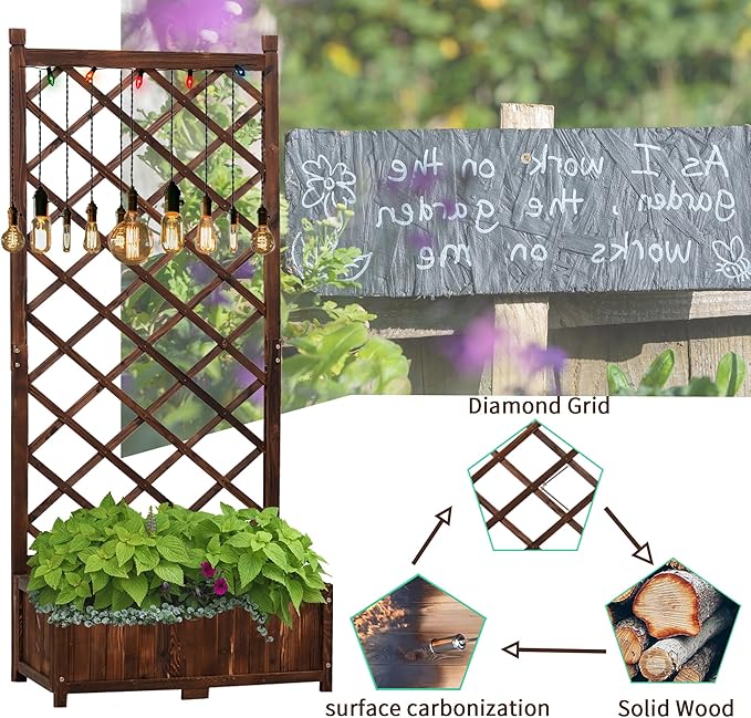 Anraja Raised Garden Bed with Trellis Wooden Planter Box Outdoor Wood Privacy Screen for Climbing Plant Planting Flower Patio Tomato Vegetable Herb Balcony Porch 29.5 L x 17.0 W x 67.0 H