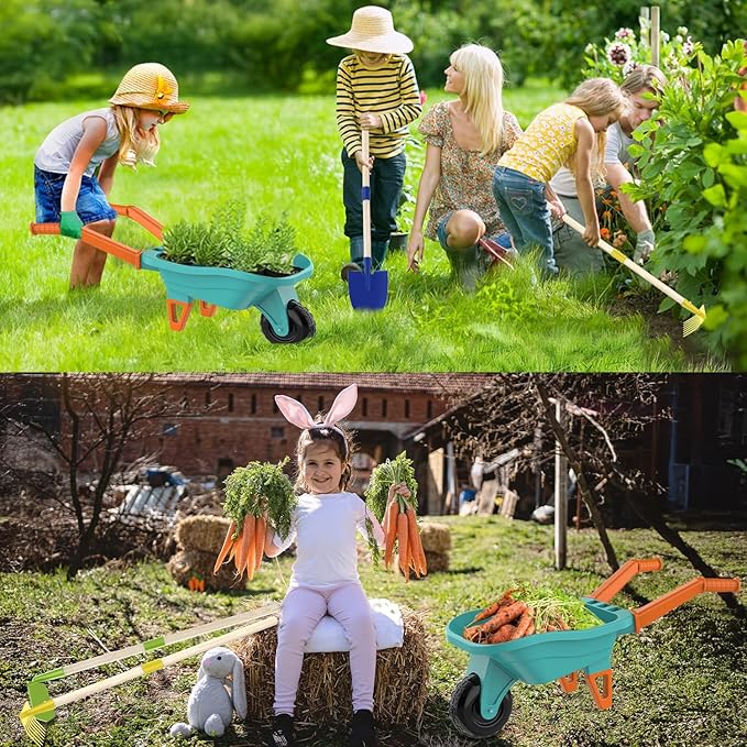 Kids Gardening Set with Wheelbarrow Real Metal Garden Tools for Kids Ages 3-8 4 Long Handle Tools 3 Hand Tool Gloves 5 Stickers Handbook Outdoor Backyard Toys for Toddler Gift