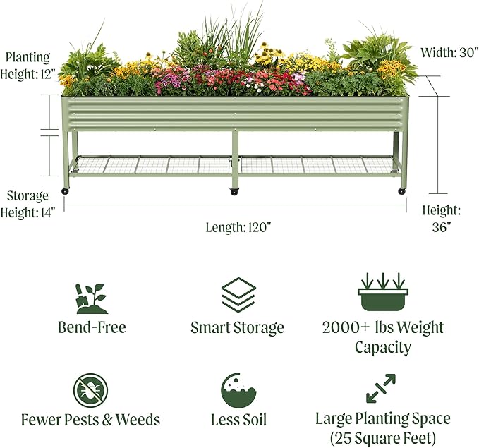 Rolling Elevated Raised Garden Bed - Jumbo Series 2.5' x 10' Outdoor Planters Boxes with Legs &amp Storage Rack for Patio 2000+ Lbs Weight Capacity Raised Beds for Gardening Herbs Flowers Olive G