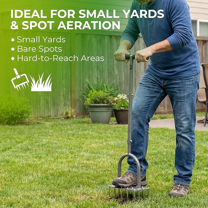 Walensee Four-Row Spike Lawn AeratorManual Heavy-Duty Steel Aerator Lawn Tool with 20 Sharp SpikesIdeal for Small YardsLawn EdgesSpot Seeding &amp Soil PrepBare Spots RepairGardening Aeration T