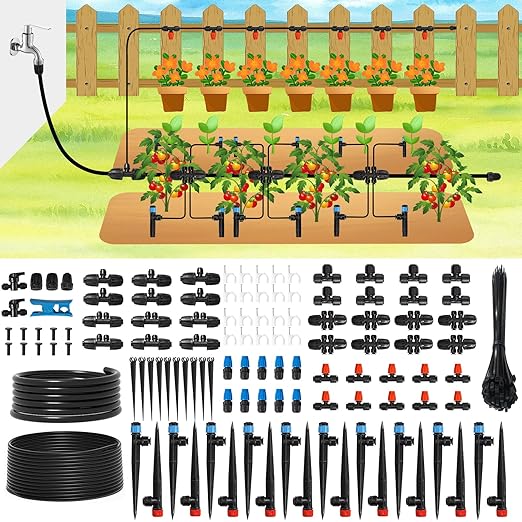 Drip Irrigation Kit Automatic Watering System 247FT Misting Sprinkler DIY Devices with 1/4 &amp 1/2 Tubing Hose Adjustable Nozzle Emitters Quick Connectors for Greenhouse Garden Patio