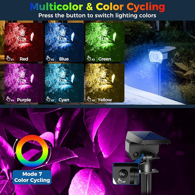 Peasur 6 Pack Solar Spot Lights Outdoor Color Changing 7 Modes Halloween RGB Solar Powered Waterproof Spotlight Landscape Lighting for Outside Yard Garden Pathway