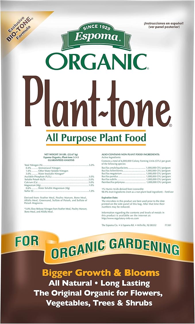 Espoma Organic Plant-Tone 5-3-3 Natural &amp Organic All Purpose Plant Food 50 lb. Bag The Original Organic Fertilizer for All Flowers Vegetables Trees and Shrubs