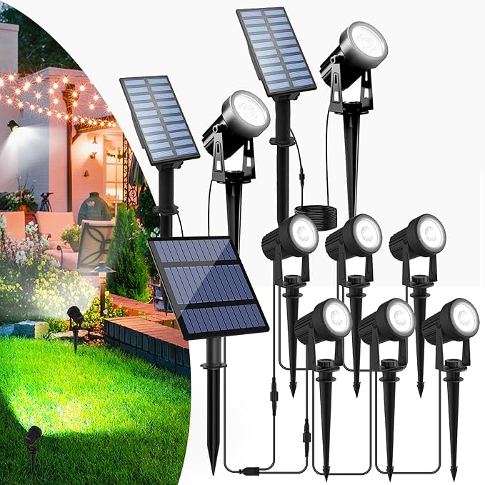 T-SUNUS Solar Garden Spot Lights LED Landscape Light Outdoor IP65 Waterproof 9.8ft Cable Separated Panel Auto ON/Off for Garden Driveway Pathway Pool Area (White 6000K)