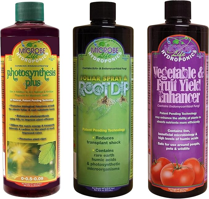 Microbe Life Hydroponics Additive Kit Includes One 16-Ounce Bottle Each of Photosynthesis Plus Foliar Spray &amp Root Dip and Vegetable and Fruit Yield Enhancer Use with Any Feeding Systems