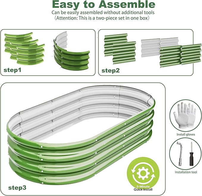 4x2x1ft-2pcs-Oval Raised Garden Bed Kit Galvanized Planter Garden Boxes Outdoor Metal Raised Garden Beds for VegetablesFruits FlowerGreen