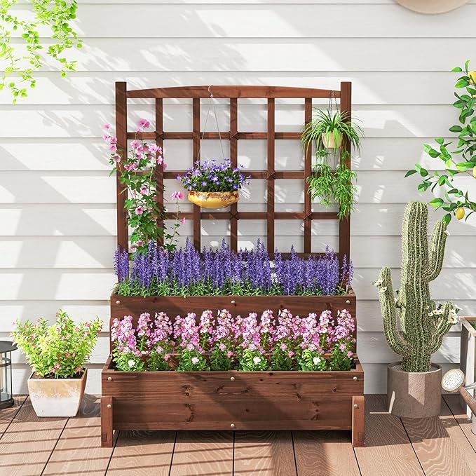 Giantex 2 Pcs Raised Garden Bed with Legs and Trellis 2-Tier Standing Planter Box with Drain Holes Outdoor Elevated Garden Trellis for Vine Climbing Flower Vegetable Fruit Herb Growing