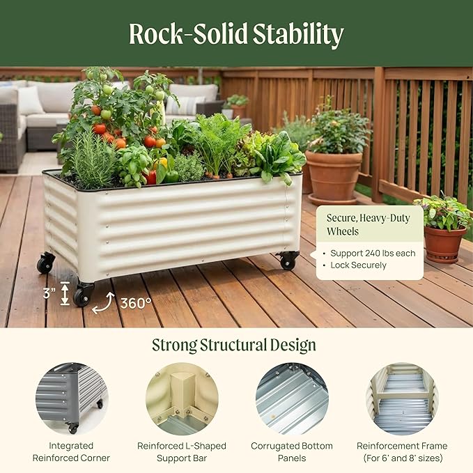 Vego garden Classic Rolling Garden Bed – 1.75' Mobile Metal Raised Garden Bed for Patio Deck Balcony – Deep Planting Space Durable &amp Easy to Move (Pearl White 1.75'X8')
