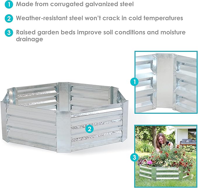Sunnydaze Silver Corrugated Galvanized Steel 24 x 11.75 Square Planter and 40.5 x 11.75 Hexagon Raised Garden Beds for Vegetables Plants and Flowers