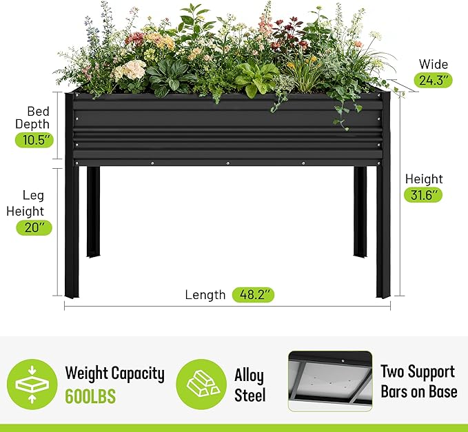 WORKPRO 48x24x32in Outdoor Galvanized Raised Garden Bed with Legs 600LB Elevated Planter Box for Vegetable Flowers Herbs Black