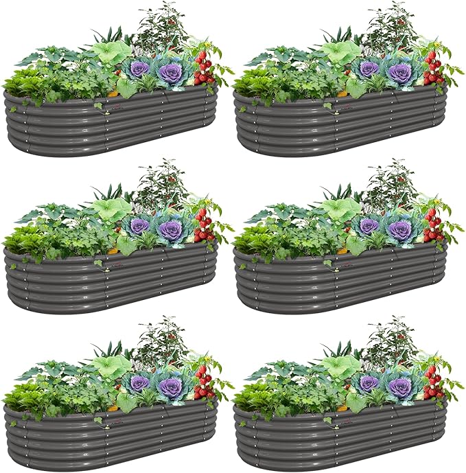 A ANLEOLIFE 6 Pcs 8X4X1.5 ft Oval Large Galvanized Raised Garden Beds Outdoor for Planting Vegetables Flowers Herb Quartz Grey