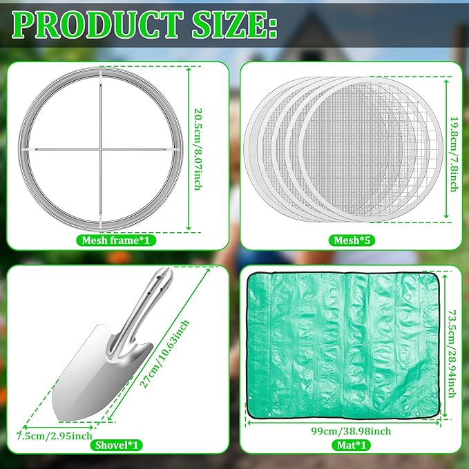 Soil Sifter for Gardening 8 Inch Stainless Steel Garden Sieve with 5 Replaceable Screens 1/3/6/9/12mm Garden Sifter with Shovel Gloves Planting Mat for Sand Rocks Dirt Compost