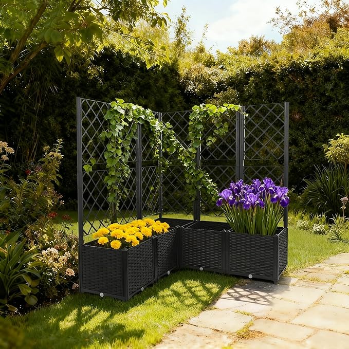 Garden Planter with Trellis Polypropylene Planter Boxes with 5 Compartments Garden Box with Privacy Screen for Outdoor Spaces Terraces Balconies-47.24 * 47.24 * 55.91in (Black)