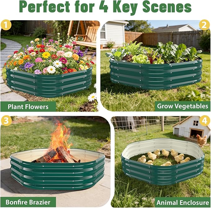Hexagon Raised Garden Bed 48 Inch Diagonal &amp 12 Inch Tall Galvanized Steel Planter Box with Wave-Shaped Metal Panels for Outdoor FlowerTreeHerb &amp Vegetable Garden (Dark Green 4FT X 1FT)