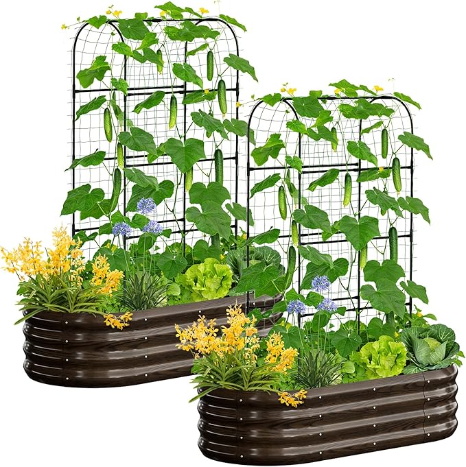 SUNYRISY 2Pack Galvanized Raised Garden Bed with 71in Arch Trellis for Climbing Plants Outdoor Planter Box with Climbing Net for Gardening Flowers Vegetables Fruits Herbs Wood Grain