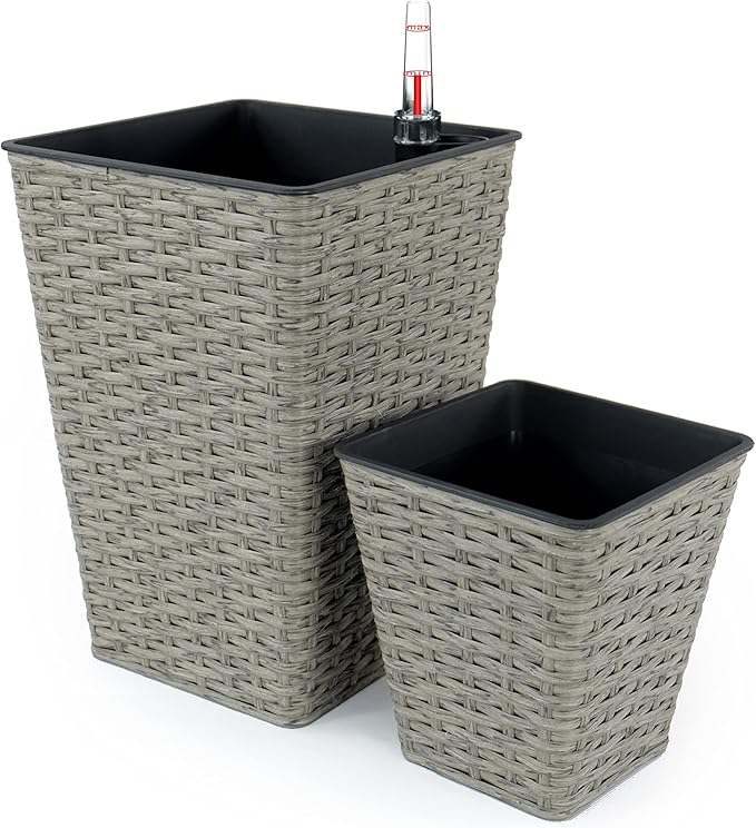 2 Pack Smart Self Watering Square Planter for Indoor and Outdoor Hand Woven Wicker Gray