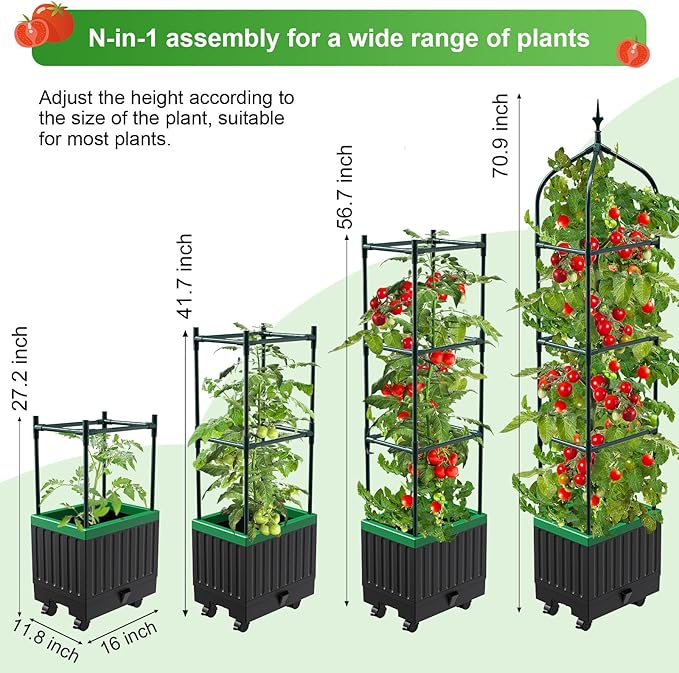 Raised Garden Bed Planter Boxes with Trellis1pcs 70.9Self-Watering Tomato Planter Boxes with Trellis for Climbing Vegetables Plants Flowers Tomato with WheelsUse for Indoor Outdoor (Black)