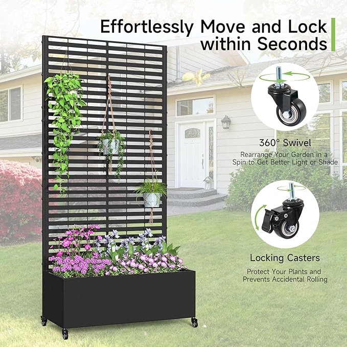 Metal Raised Garden Bed with Trellis and Wheels 73 x 35 x 16 Planter Box with Trellis with Drainage Holes Privacy Planters for Patio with Privacy Screen for Climbing Plants Flowers Vegetables