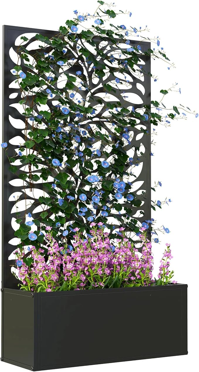 Metal Raised Garden Bed with Trellis Galvanized Planter Metal Planter Box with Trellis 24 L x 9.1 W x 44.5 H (Branch &amp Leaf)