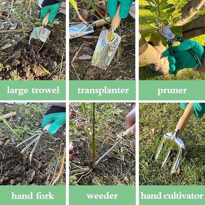 Garden Tools Set Stainless Steel Gardening Supplies Kit Gardening Kit Garden Hand Tools with Fashion and Durable Storage Bag Planting Tools Ideal Gifts for Women &amp Men (10 Pieces)