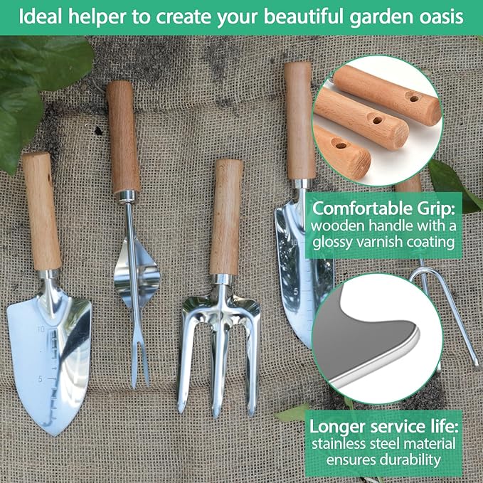 LeMotech Garden Tool Set10 Pieces Heavy Duty Gardenting Tool Kit Folding Stool with Detachable Tote Bag Thicker Stainless Steel Tools (Trans-PlanterTrowelWeeder etc.) for Women Men