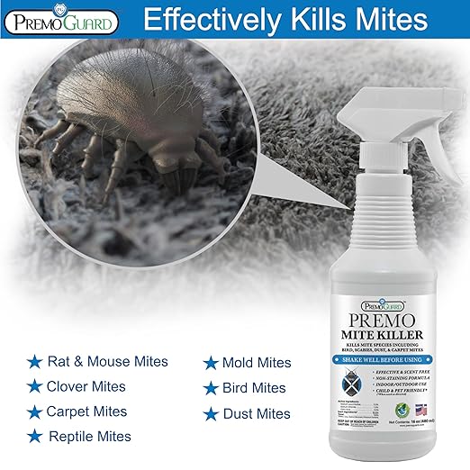 Premo Guard Natural Mite Spray – 16 oz Bottle – Plant Based Treatment for Dust Spider Carpet Bird Rat Mites – Safe for Families Pet Home Bedding &amp Furniture When Used As Directed