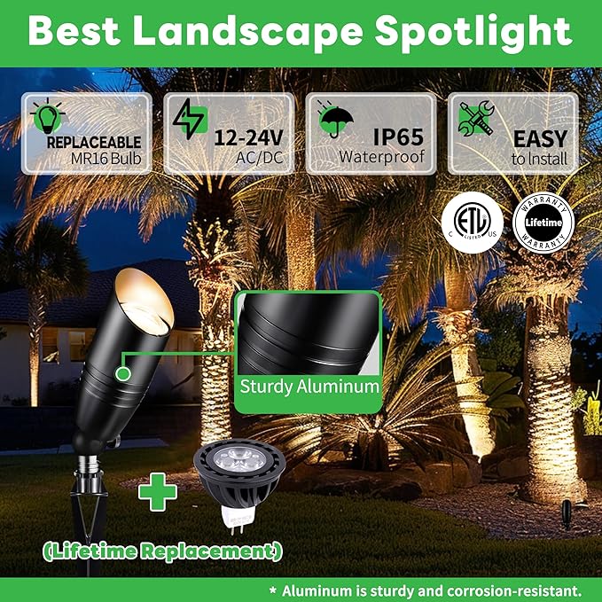 Black LED Outdoor Spotlights Durable Low Voltage Landscape Lighting Aluminum Waterproof Uplights for House Garden Lawn with 5W MR16 Bulb 4000K 10 Pack