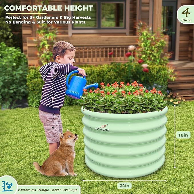 A ANLEOLIFE Kids Mini Raised Garden Beds Outdoor (4-Pack)-24x24x18in Round Galvanized Metal Planter Box for Planting Vegetables Flowers Fruits Eco-Safe &amp Easy Setup Mint Green