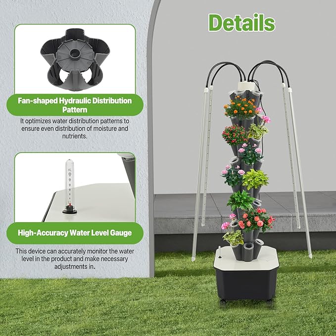 Hydroponic Growing System Kit 40 Plants 5-Layer Vertical Hydroponic Tower with LED Light Vertical Hydroponics Garden Tower with Pump &amp Water Level Gauge for Herbs Vegetables Fruits (Grey)