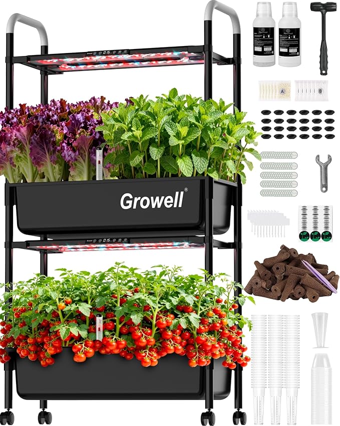 Large Hydroponics Growing System Kit Vertical Indoor Herb Garden Kit with LED Grow Light &amp Independent Water Pump 28L Movable Indoor Planter Perfect Gardening Gifts (2 Tier-54 Pods Black)