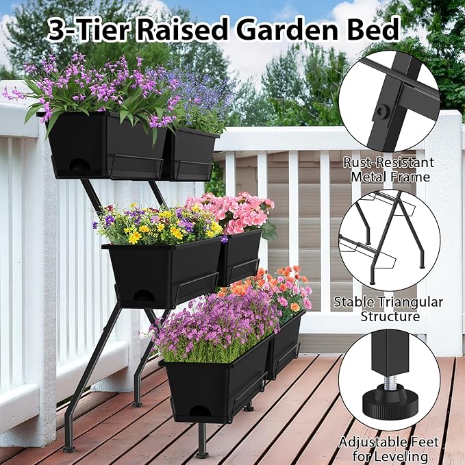Sunexinlo 3-Tier Vertical Garden Planter with 6 Boxes 31 Tall Raised Garden Bed with Adjustable Feet for Herbs Flowers Vegetables Ideal for Indoor Outdoor Patio Balcony Deck Use Black