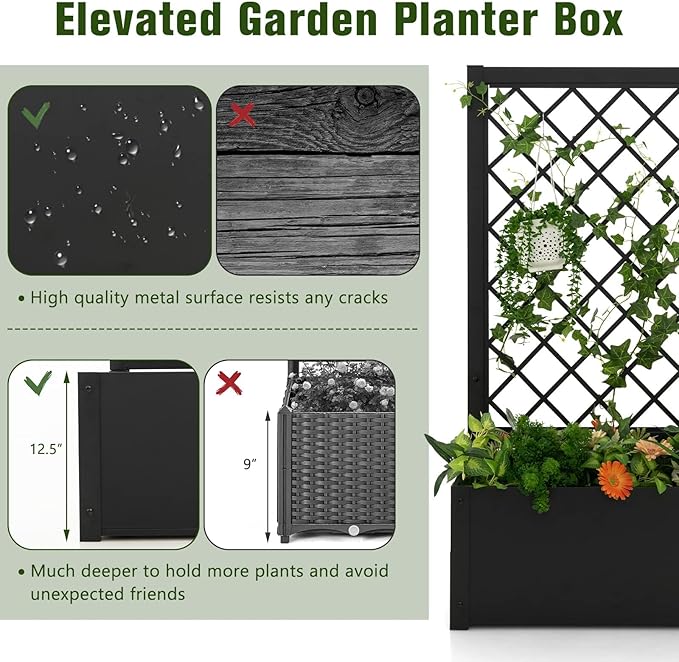 HAPPYGRILL 2 Raised Garden Bed with Trellis 44” Metal Elevated Garden Box for Climbing Plants Vine Outdoor Planter Box for Yard Garden Balcony