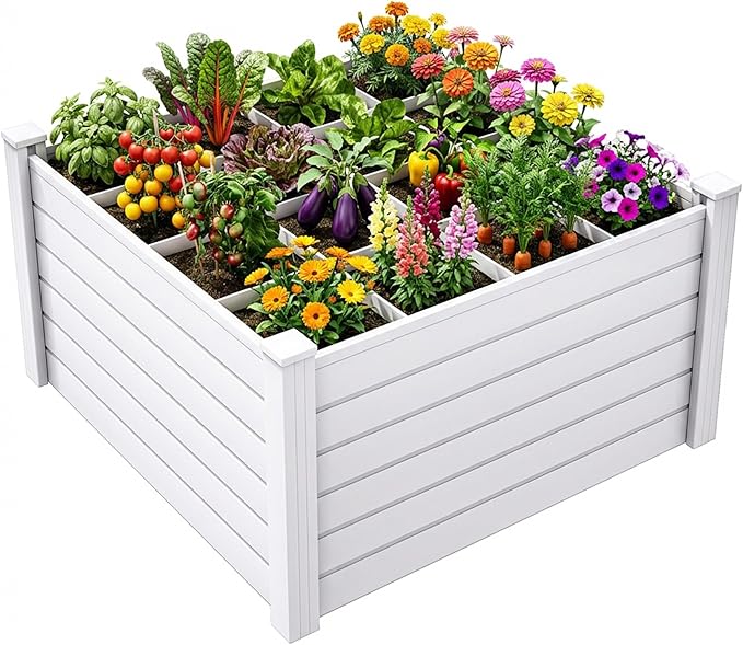 YITAHOME 4x4x2 FT Plastic Raised Garden Bed Kit Large Outdoor Above Ground Planter Box with Growth Grid for Plants Vegetables and Flowers Easy Installation White