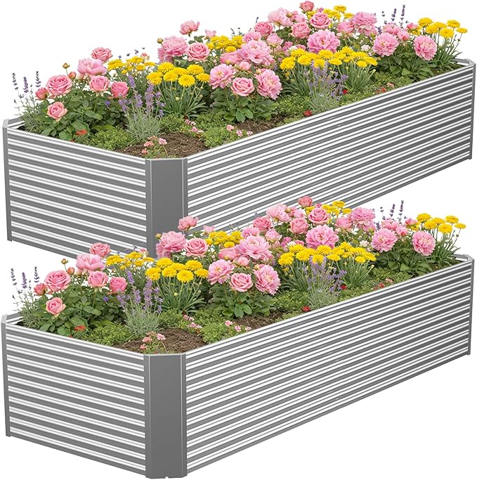 2 Pcs 8 x 3 FT Galvanized Steel Raised Garden Bed – Outdoor Metal Planter Box for Vegetable &amp Herb Garden Weatherproof Build Quick Setup
