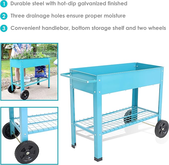 Sunnydaze 43-Inch Galvanized Steel Raised Garden Bed with Legs - Outdoor Elevated Planter Box with Wheels for Vegetables - Blue