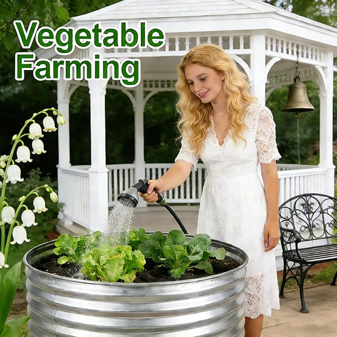 Round Galvanized Raised Garden Bed Kit Round Galvanized Planter for Vegetables/Herbs/Flowers Heavy-Duty Steel Outdoor Water Trough (Silver 4X4X1FT)