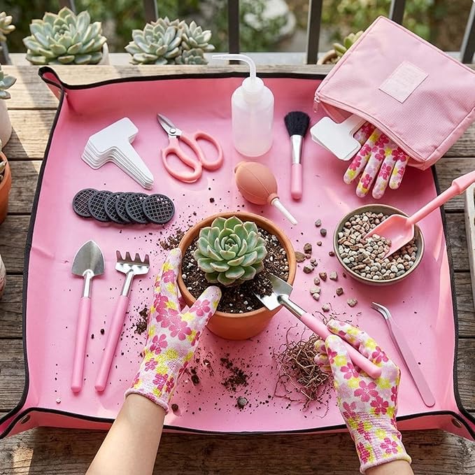 16Pcs Mini Garden Tools Set for Succulent Plant Care Indoor Garden Hand Tools for Women Beginners Included Bag/Repotting Mat/Shovel/Labels Pink