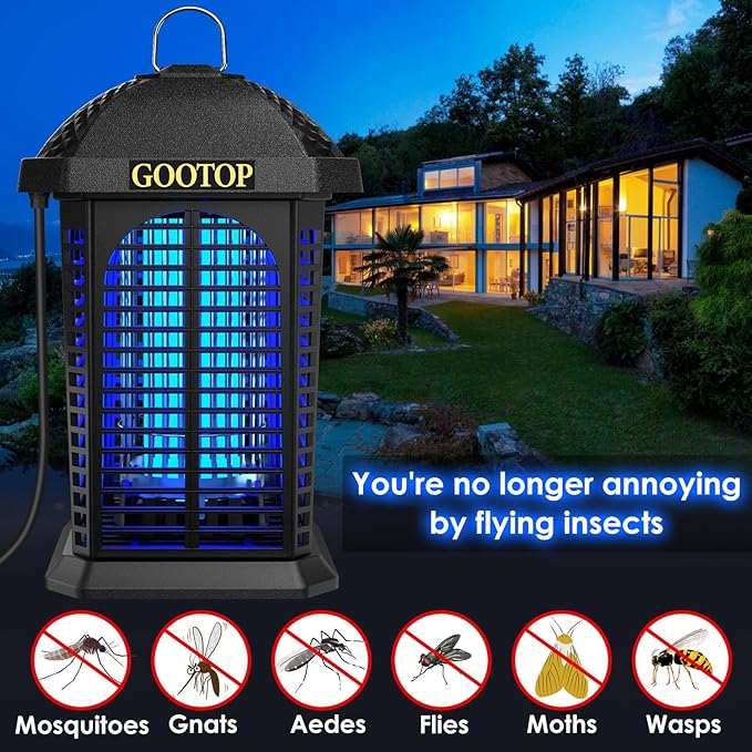 Bug Zapper Outdoor 4200V Electric Mosquito Zapper Bug Zapper Outdoor Fly Traps Fly Zapper Mosquito Killer Indoor 3 Prong Plug 90-130V ABS Plastic Outer