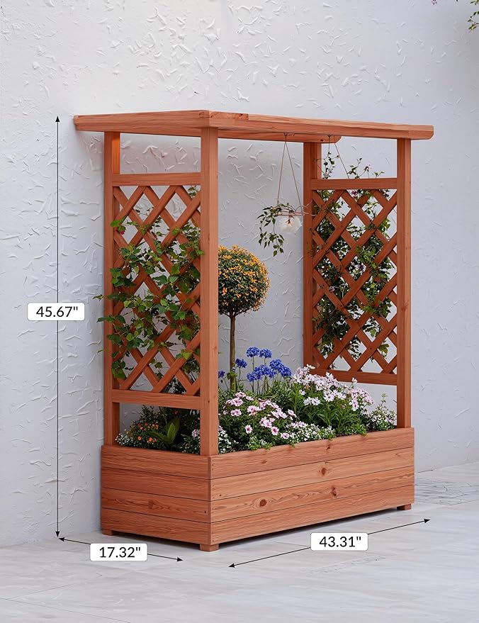 Elevated Wooden Garden Bed with Arch Trellis &amp Hanging Roof – Outdoor Planter Box for Climbing Vines Hanging Flowers Above-Ground Design with Side Trellis &amp 4 Drainage Holes43x17x45