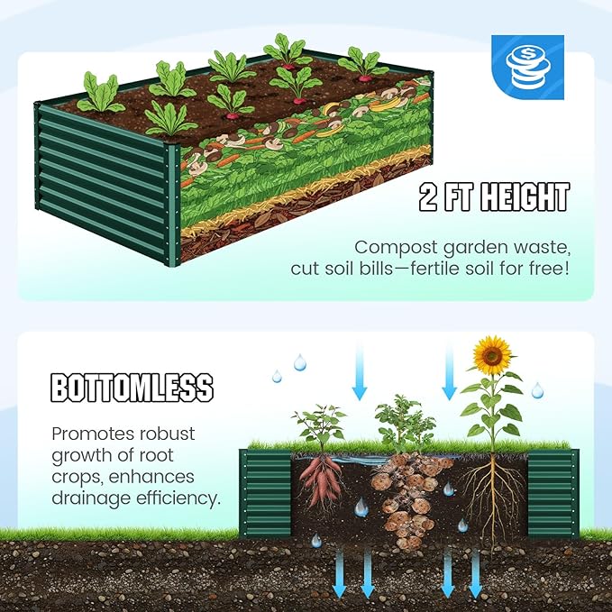 Quictent Galvanized Raised Garden Bed 8x4x2 Ft Tall Metal Planter Box for Vegetables Outdoor Bottomless for Backyard 2 Tomato Cages Included 22.04 Deep (Green)