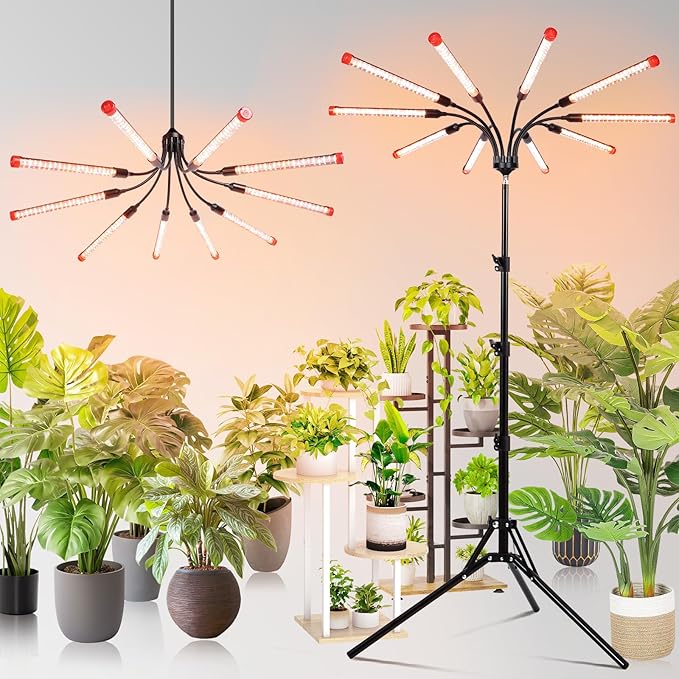 FECiDA Gamechanger! 90 Watt Power Draw NO Need Adapter 10Head Grow Light with Tripod Stand 2026 Big Coverage LED Grow Lights for Indoor Tall Plants Bonsai Tree 4/8/12/16/20H Timer