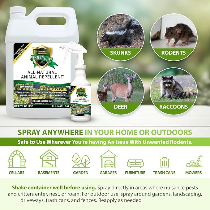 Natural Armor Animal &amp Rodent Repellent Spray. Repels Skunks Raccoons Rats Mice Deer Rodents &amp Critters. Repeller &amp Deterrent in Powerful Peppermint Formula – 128 Fl Oz Gallon Ready to