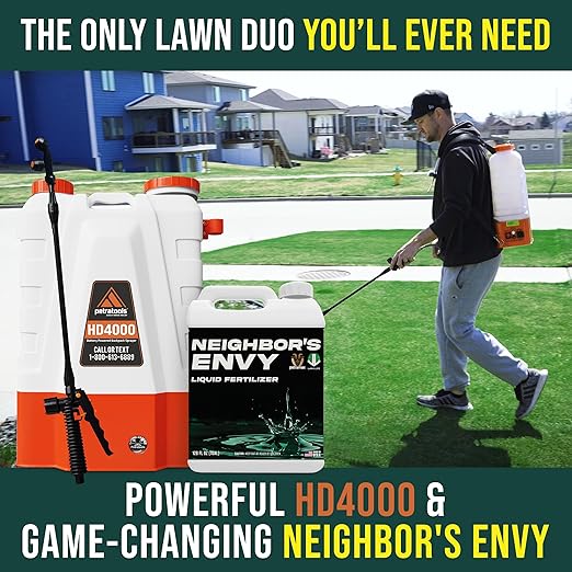 PetraMax Neighbor’s Envy Grass Fertilizer for Lawn &amp Garden 2 Gallon Covers up to 32000 sq.ft. 7-in-1 Liquid Lawn Fertilizer Concentrate for Deep Green Turf - Includes Nitrogen/Iron/Humic/Sea Ke